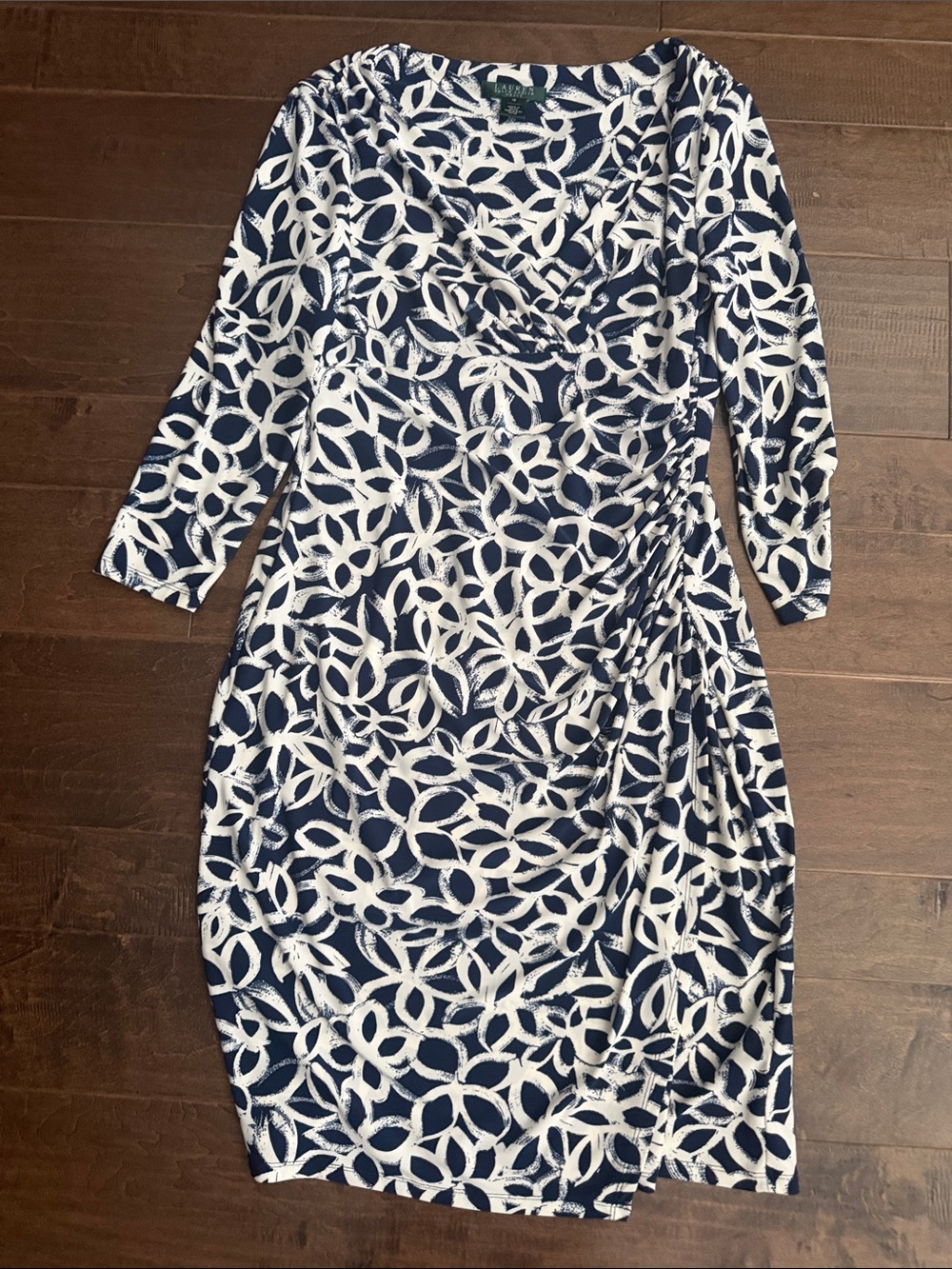 Lauren Ralph Lauren Navy & White Ring-Print Ruched Midi Dress